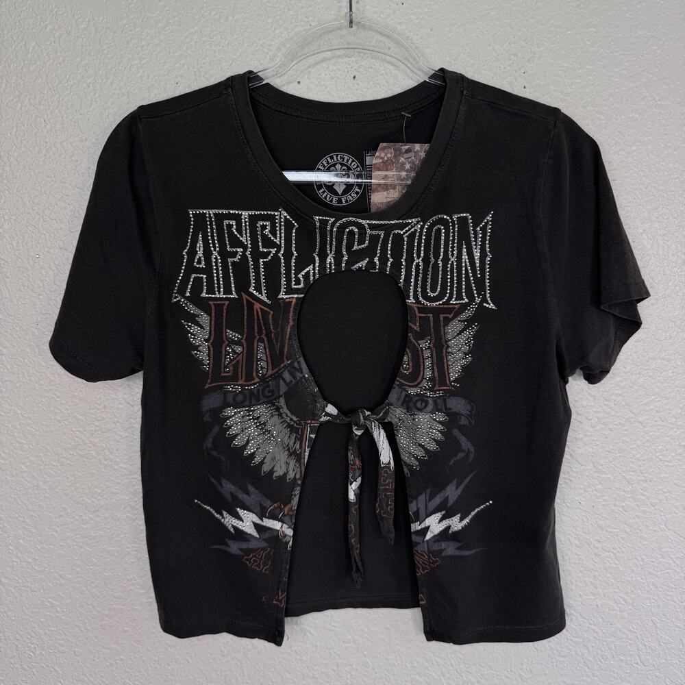 Affliction Shirt Women Large Eagle Rhinestone Crop Cutout Tie Front Grunge Y2K